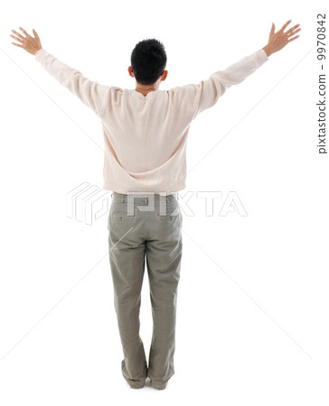 Rear view Asian man arms outstretched Rear view Asian man arms outstretched 9970842