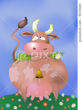 Cartoon thick cow on a meadow 9970894