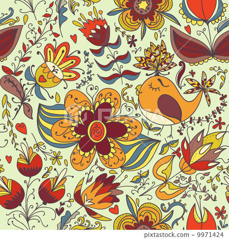 Seamless texture with flowers and birds 9971424