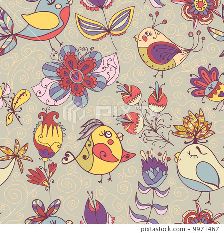 Seamless texture with flowers and birds 9971467