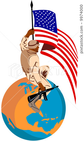 American soldier serviceman with rifle and flag on top of world 9974000