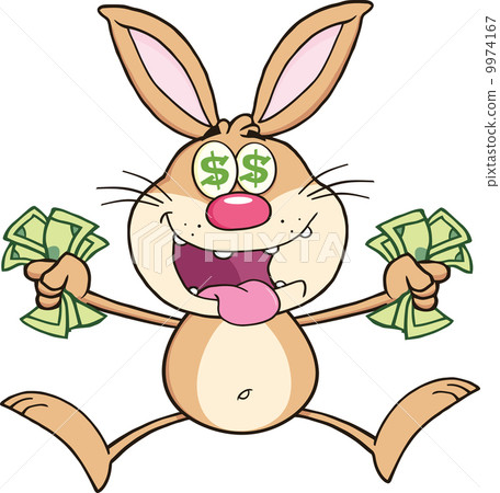 Rich Brown Rabbit Cartoon Character Jumping With Cash 9974167