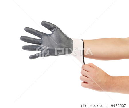 Hands putting on glove. Hands putting on glove. 9976607