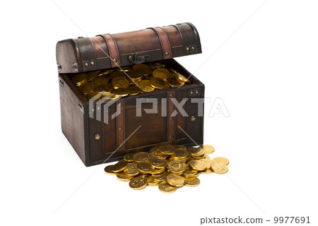 Gold coins and treasure boxes on white background 9977691