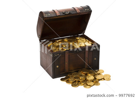 Gold coins and treasure boxes on white background Gold coins and treasure boxes on white background 9977692