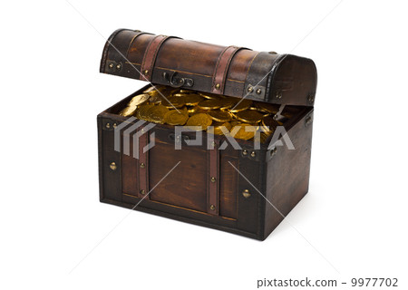 Treasure box with gold coins on white background 9977702