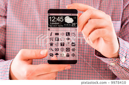 Smartphone with transparent screen in human hands. 9978410