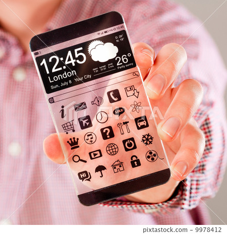 Smartphone with transparent screen in human hands. Smartphone with transparent screen in human hands. 9978412