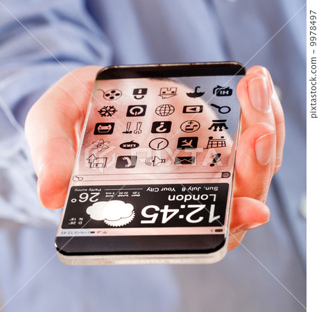 Smartphone with transparent screen in human hands. Smartphone with transparent screen in human hands. 9978497