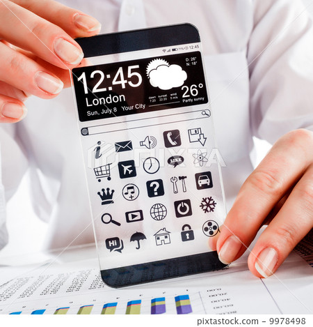 Smartphone with transparent screen in human hands. Smartphone with transparent screen in human hands. 9978498