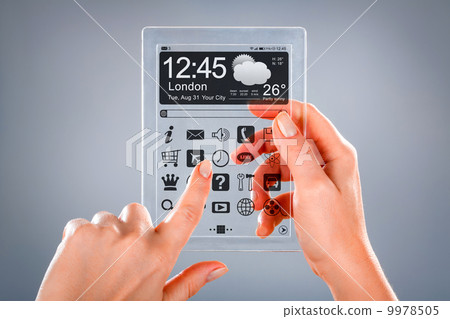 Tablet with transparent screen in human hands. Tablet with transparent screen in human hands. 9978505