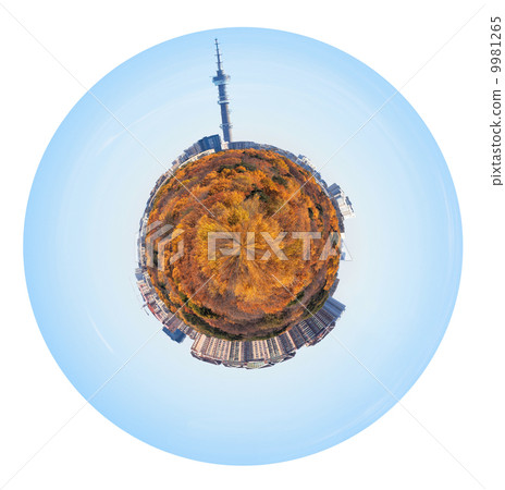 little planet with yellow autumn forest and houses 9981265
