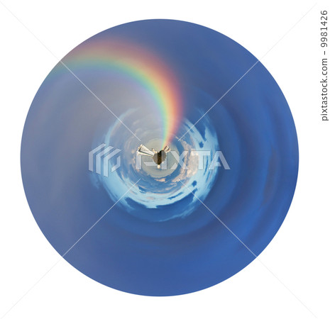 urban planet and rainbow in blue sky urban planet and rainbow in blue sky 9981426