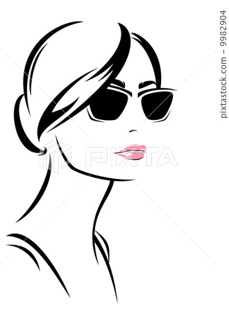 beautiful woman face with sunglasses vector outline - trendy girl portrait 9982904