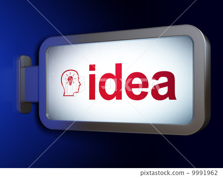 Advertising concept: Idea and Head With Lightbulb on billboard background 9991962