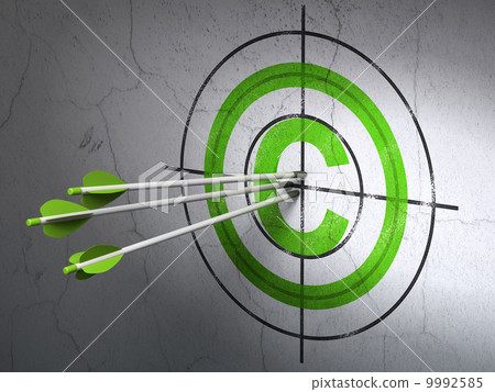 Law concept: arrows in Copyright target on wall background 9992585