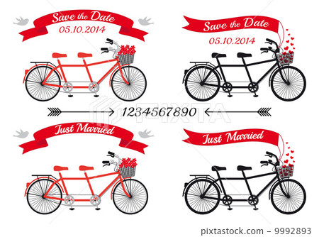 wedding invitation, tandem bicycles and ribbons, vector design elements 9992893