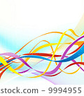Abstract colorful ribbons flowing on soft blue background. 9994955