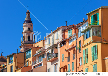 Colorful houses and belfry in Menton, France. Colorful houses and belfry in Menton, France. 10000113