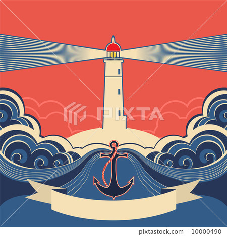 Lighthouse label with anchor and blue sea waves Lighthouse label with anchor and blue sea waves 10000490