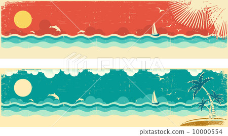 Vintage nature seascape banners with sea and palms on island. Vintage nature seascape banners with sea and palms on island. 10000554