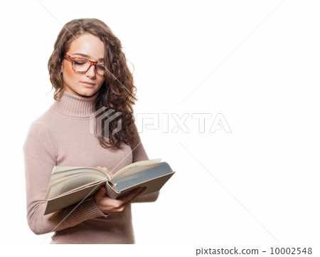 Cute and serious student girl reading isolated on white Cute and serious student girl reading isolated on white 10002548