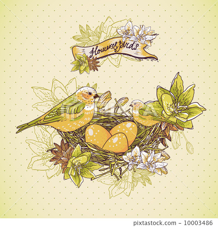 Vintage floral background with birds and nest Vintage floral background with birds and nest 10003486