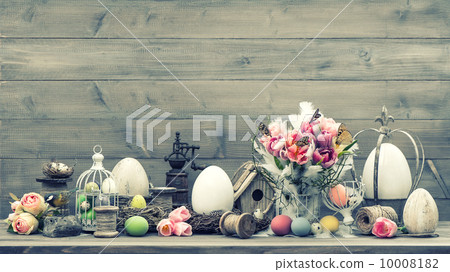 easter decoration with pink tulips and eggs 10008182