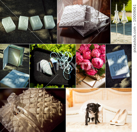 Wedding decorations collage.Candles, rings, flowers, shoes. Wedding decorations collage.Candles, rings, flowers, shoes. 10009061