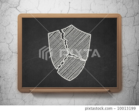 Protection concept: Broken Shield on chalkboard background Protection concept: Broken Shield on chalkboard background 10013199