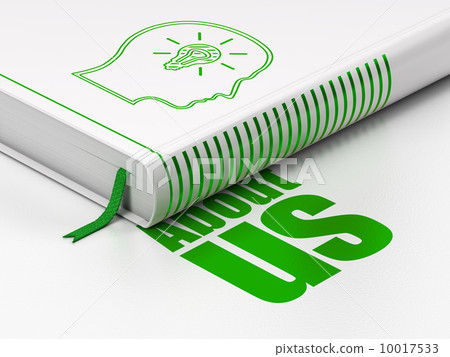 Advertising concept: book Head With Lightbulb, About Us on white background 10017533