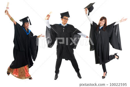 Multi races university student in graduation gown jumping Multi races university student in graduation gown jumping 10022595