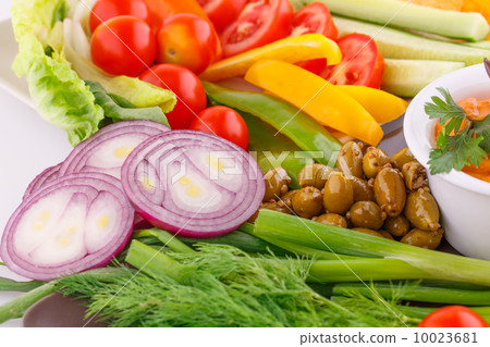 Vegetables, olives, herbs closeup picture. 10023681