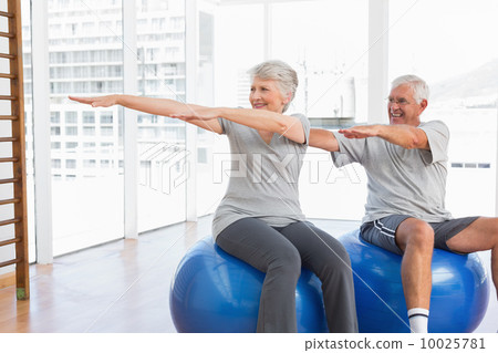 Senior couple doing stretching exercises on fitness balls 10025781