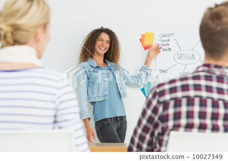 Smiling young designer presenting ideas to her colleagues Smiling young designer presenting ideas to her colleagues 10027349