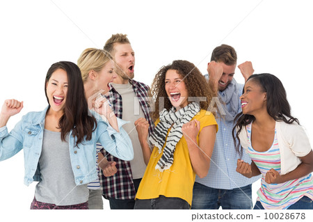 Happy group of young friends cheering 10028678