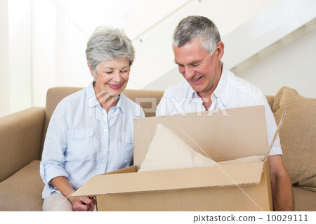 Smiling senior couple moving into new home 10029111