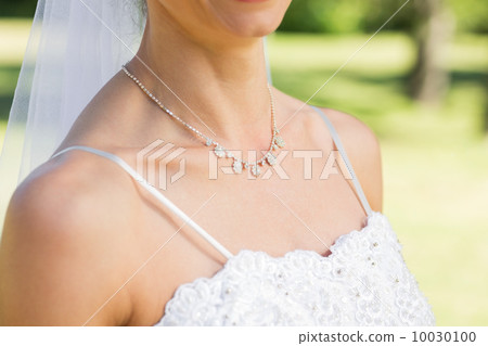 Closeup of bride wearing necklace in garden Closeup of bride wearing necklace in garden 10030100