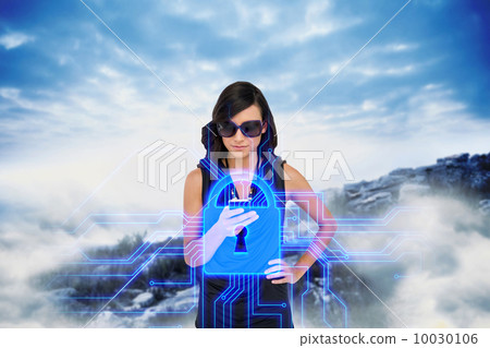 Glamorous brunette using smartphone with lock graphic Glamorous brunette using smartphone with lock graphic 10030106