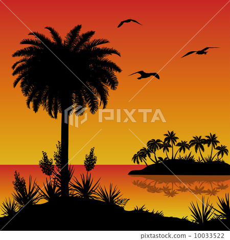 Tropical island, palms, flowers and birds 10033522