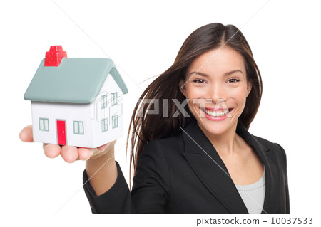 Real estate agent selling home holding mini house Real estate agent selling home holding mini house 10037533