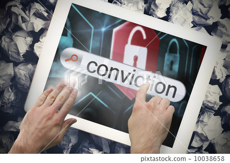Hand touching conviction on search bar on tablet screen 10038658
