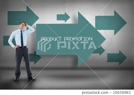 Product promotion against blue arrows pointing 10038963