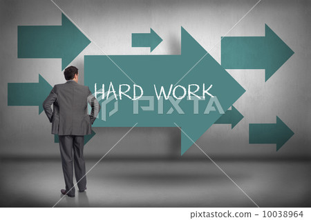 Hard work against blue arrows pointing 10038964