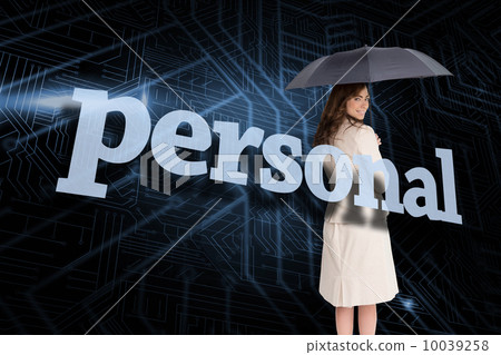 Businesswoman holding umbrella behind the word personal 10039258