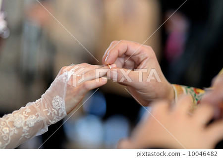 Groom putting the ring on bride's finger Groom putting the ring on bride's finger 10046482