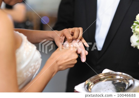 Bride putting a ring on groom's finger Bride putting a ring on groom's finger 10046688