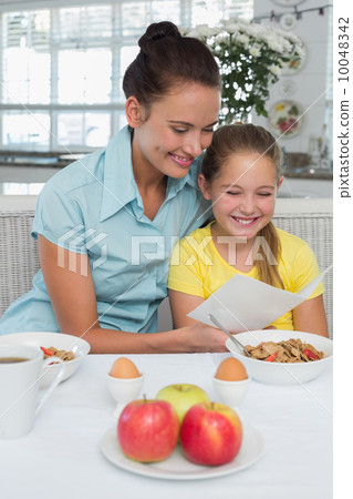 Mother and daughter reading greeting card at breakfast table Mother and daughter reading greeting card at breakfast table 10048342