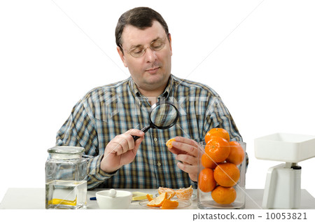 Phytocontrol engineer stares at the mandarine slice Phytocontrol engineer stares at the mandarine slice 10053821