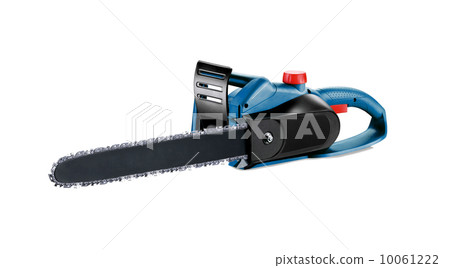 Blue chain saw on a white background. 10061222